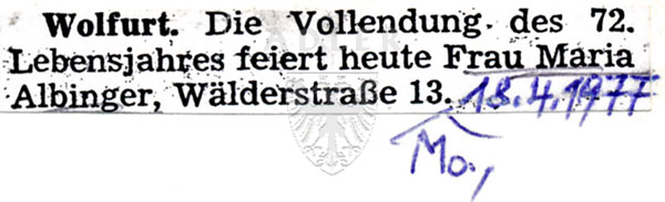 Albinger, Maria, zum 72. Geburtstag am 18 APR 1977