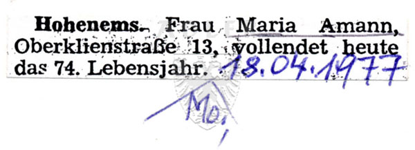 Amann, Maria, zum 73. Geburtstag am 18 APR 1977