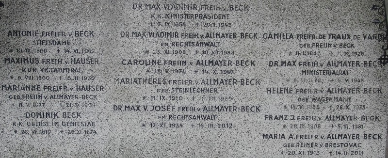 von Beck; von Allmayer-Beck; von Allmayer-Beck geb. Steinlechner; von Hauser; von Hauser geb. von Allmayer-Beck; Beck; de Traux de Vard; von Allmayer-Beck geb. Wagenmann; von Allmayer-Beck geb. Reiner von Brestovac