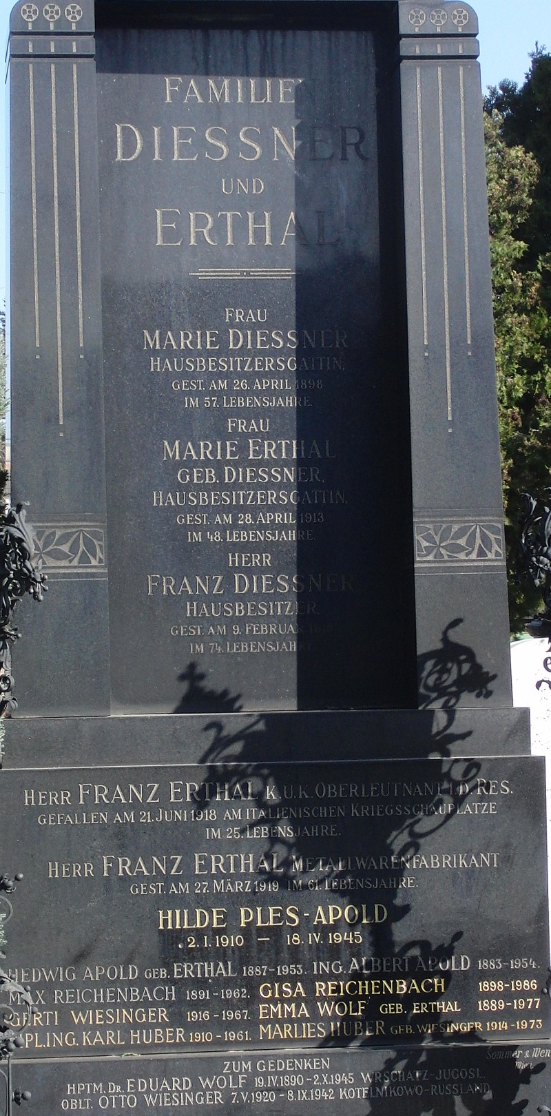 Diessner; Erthal; Erthal geb. Diessner; Ples-Apold; Apold geb. Erthal; Reichenbach; Wiesinger; Wolf geb. Erthal; Huber geb. Wiesinger