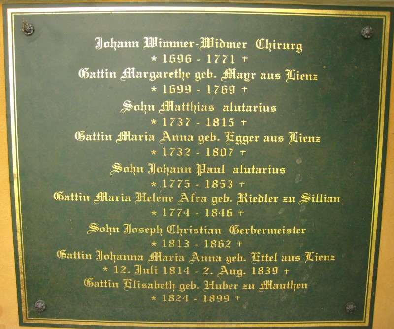 Wimmer-Widmer; Wimmer-Widmer geb. Mayr; Wimmer-Widmer geb. Egger; Wimmer-Widmer geb. Riedler; Wimmer-Widmer geb. Ettel; Wimmer-Widmer geb. Huber