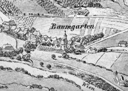 Lageplan des alten Baugartner Friedhofes und des Dorfes Baumgarten (1831), fec. Franz X. Schweickhardt von Sickingen