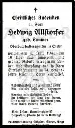 Allstorfer, Hedwig (geb. Limmer),
Oberbuchhaltersgattin in Steyr,
+05 JUL 1941 (73)