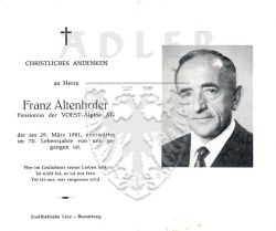 Altenhofer, Franz,
Pensionist der VOEST-Alpine AG,
+29 MAR 1981 (69)