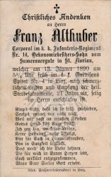 Althuber, Franz,
+13 JAN 1890 (21) im k. k. Garnisons Spital Nr. 4 in Linz