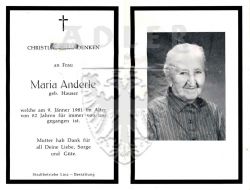 Anderle, Maria (geb. Hauser),
+09 JAN 1981 (81)
(Mutter)
