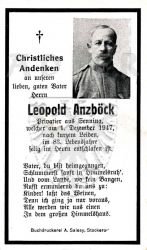 Anzböck, Leopold,
Privatier aus Senning,
+01 DEC 1947 (82)
(Vater)
