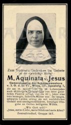 Jesus, M. Aquinata von,
Generaloberin der Schulschwestern v. 3. O. d. hl. Fr. , Wien III. , Apostelgasse 7,
+10 JAN 1938 (59),
Grab am Zentralfriedhof, Gruppe 56E