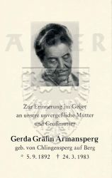 Armansperg, Gerda Gräfin (geb. von Chlingensperg auf Berg),
* 05 SEP 1892,
+24 MAR 1983