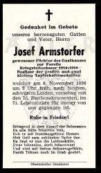 Armstorfer, Josef,
gewesener Pächter des Gasthauses zur Forelle,
+08 NOV 1956 (70)