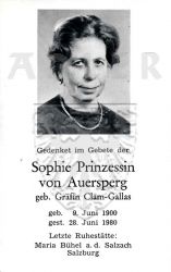 Auersperg, Sophie Prinzessin von (geb. Gräfin Clam-Gallas)
* 09 JUN 1900
+28 JUN 1980
Grab Bühel a. d. Salzach, Salzburg